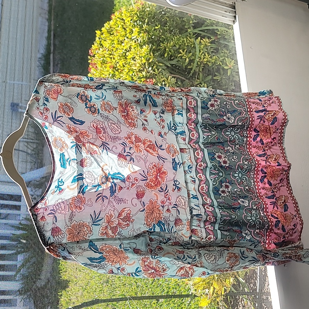 Womens Top Medium Floral Blouse Tunic Green Pink Blue Tassel Flowy Cottage Fairy